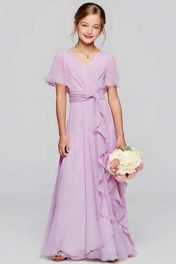 Purple Chiffon V-Neck A-Line Long Junior Bridesmaid Dress with Short Sleeves